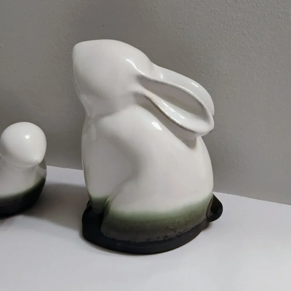 Pier 1 Green White Ceramic Bunny Bird Figurines Modern Sculpture Easter Spring